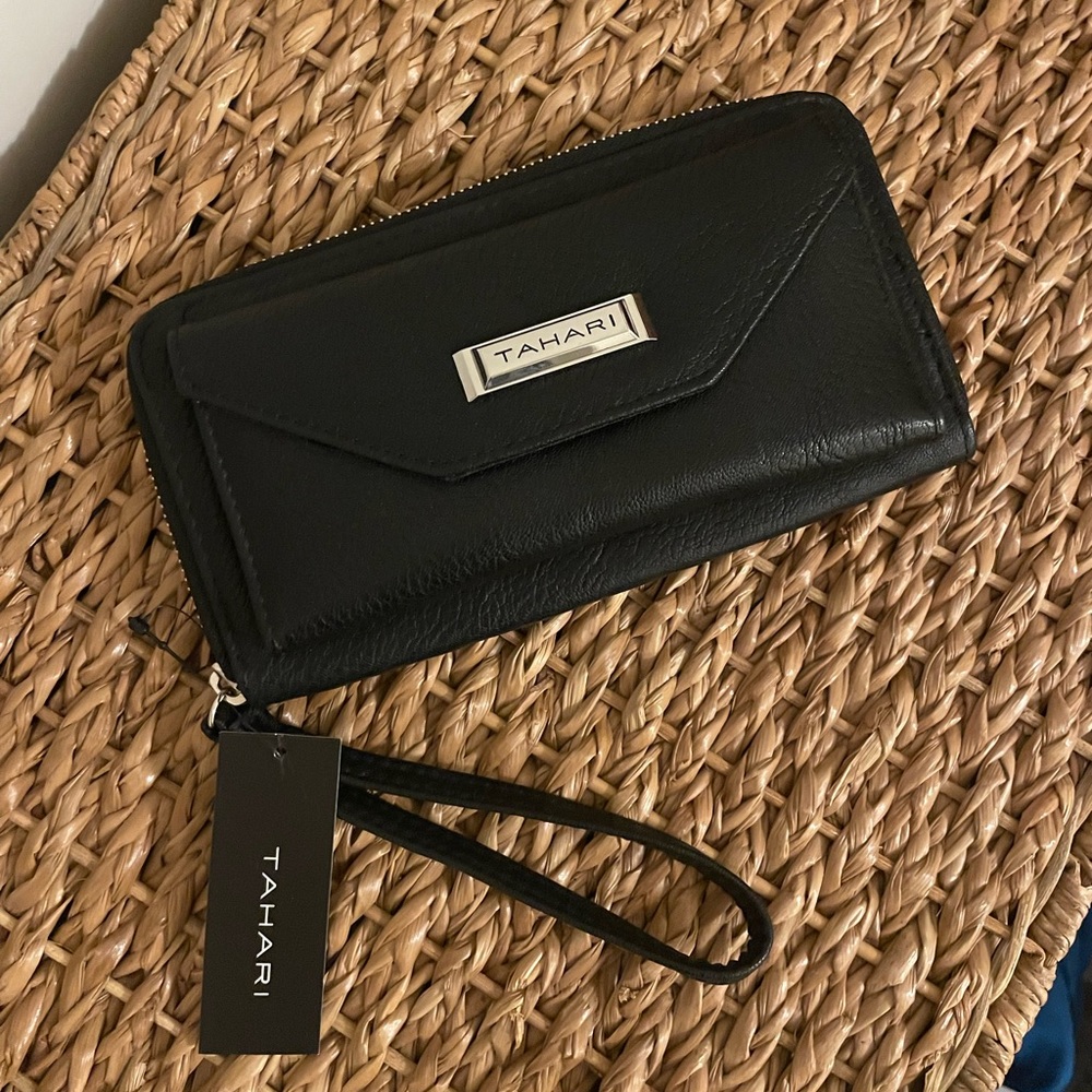 Tahari Black Vegan Leather Wallet with Wrist Strap